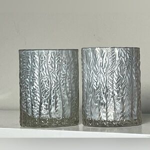 Set of 2 Textured Glass Birch Tree Embossed Candle Holders Jar Forest Snow